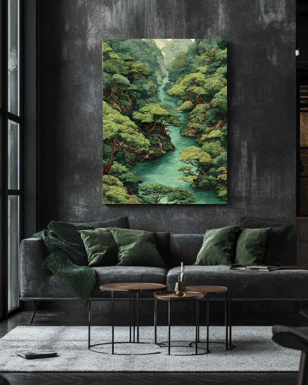 Green Forest River Canvas Art: Vintage Style Jungle Landscape Print