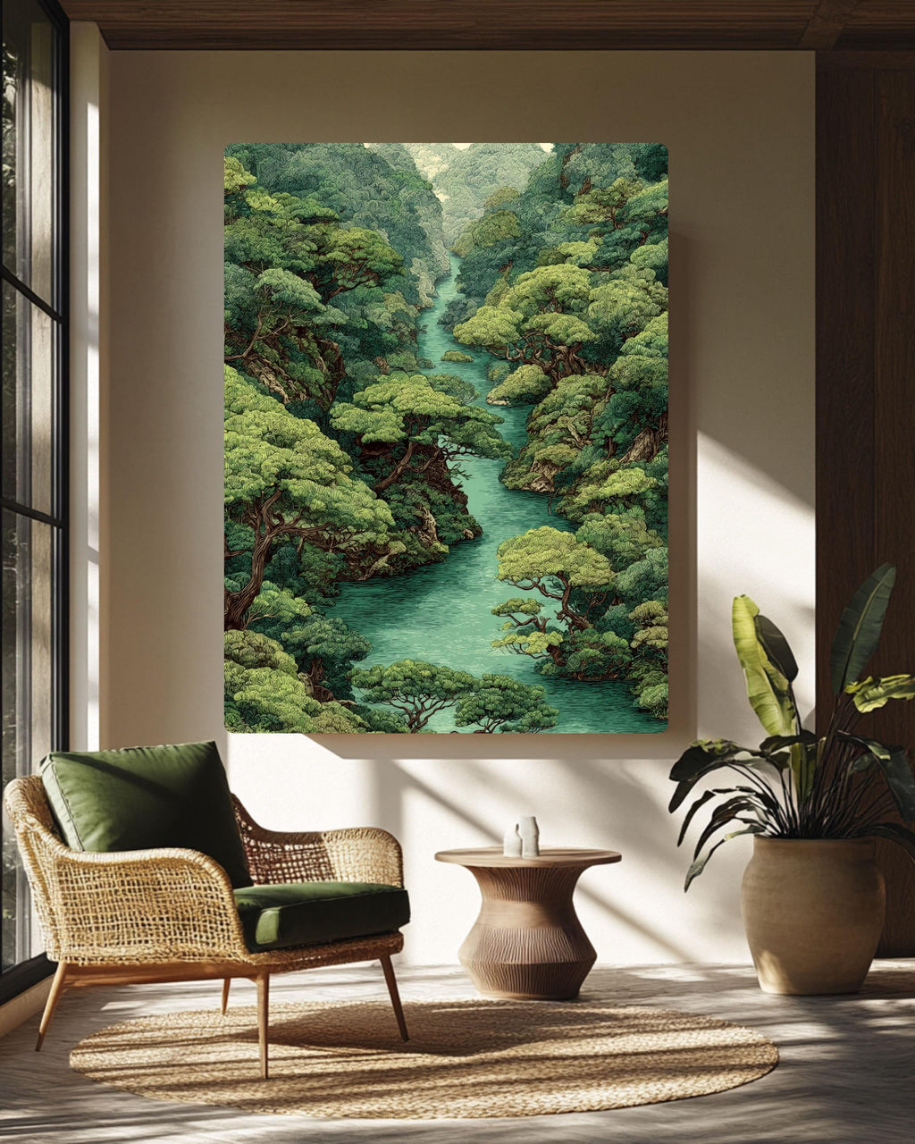 Green Forest River Canvas Art: Vintage Style Jungle Landscape Print