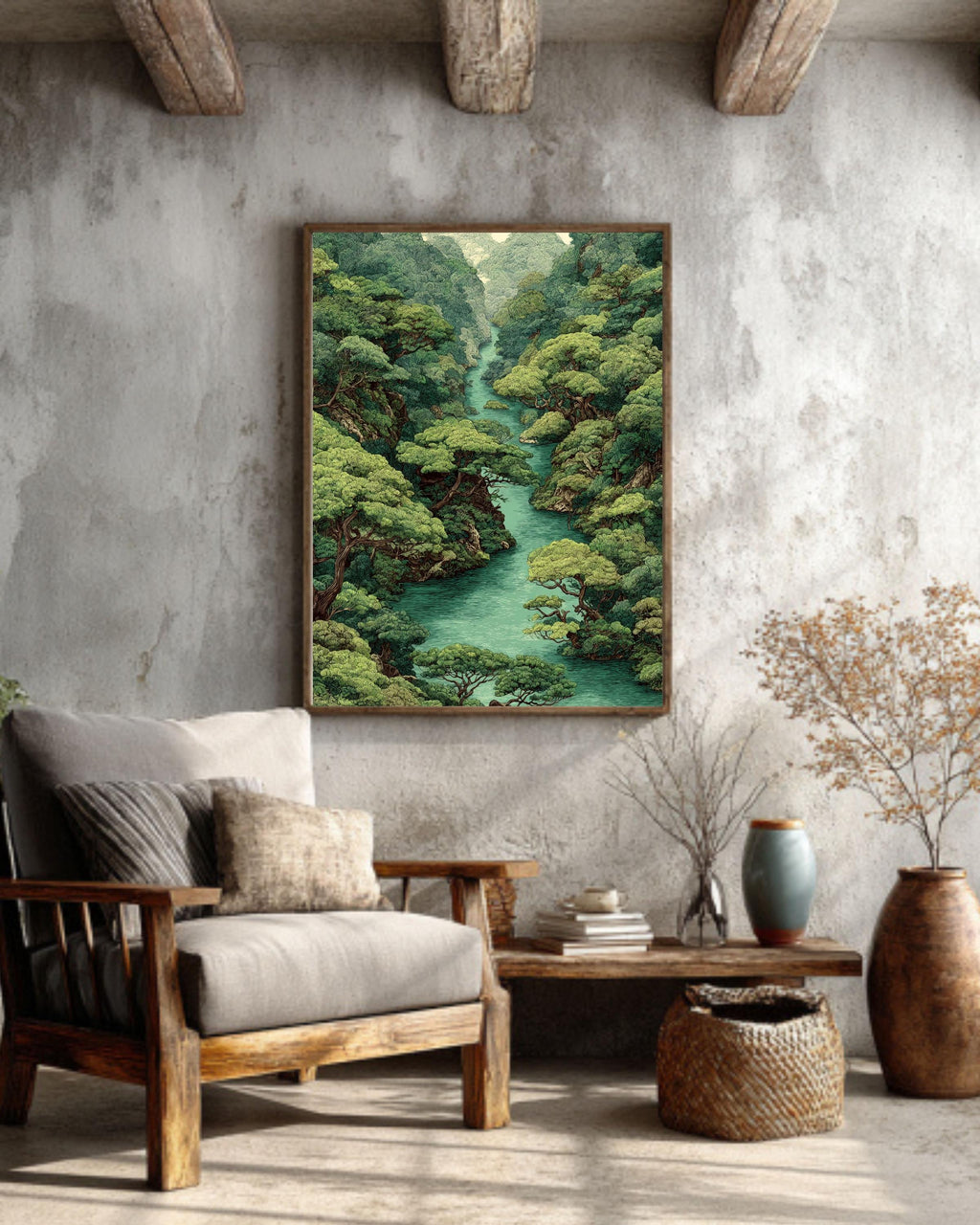 Green Forest River Canvas Art: Vintage Style Jungle Landscape Print