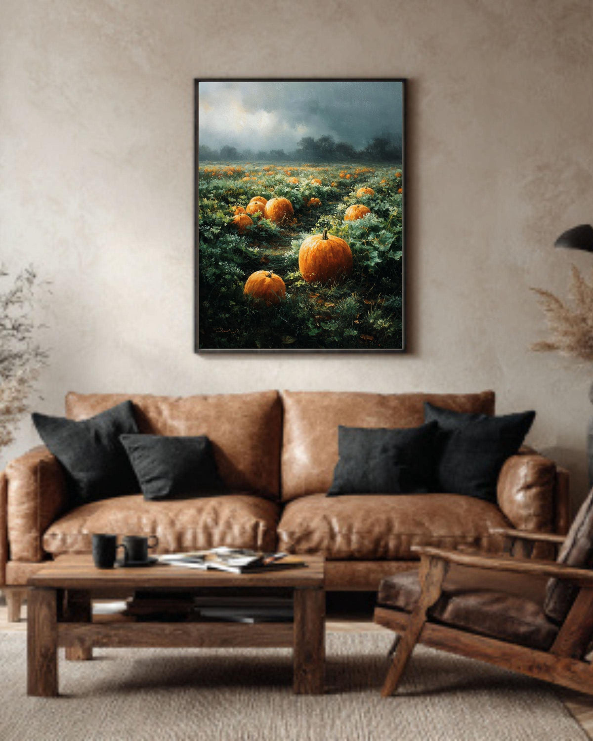 Vintage Pumpkin Field Oil Painting, Rustic Autumn Farmhouse Canvas Print