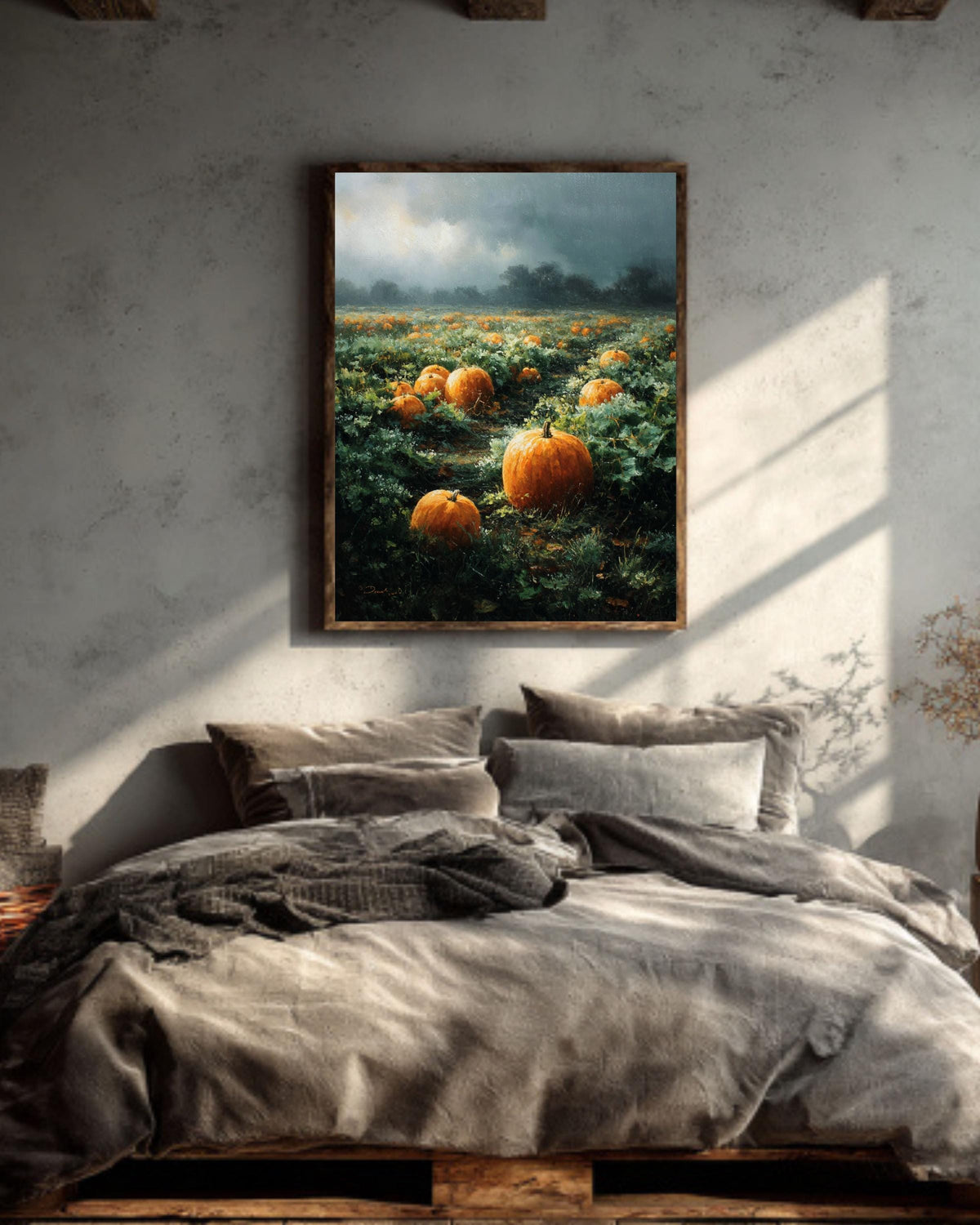 Vintage Pumpkin Field Oil Painting, Rustic Autumn Farmhouse Canvas Print