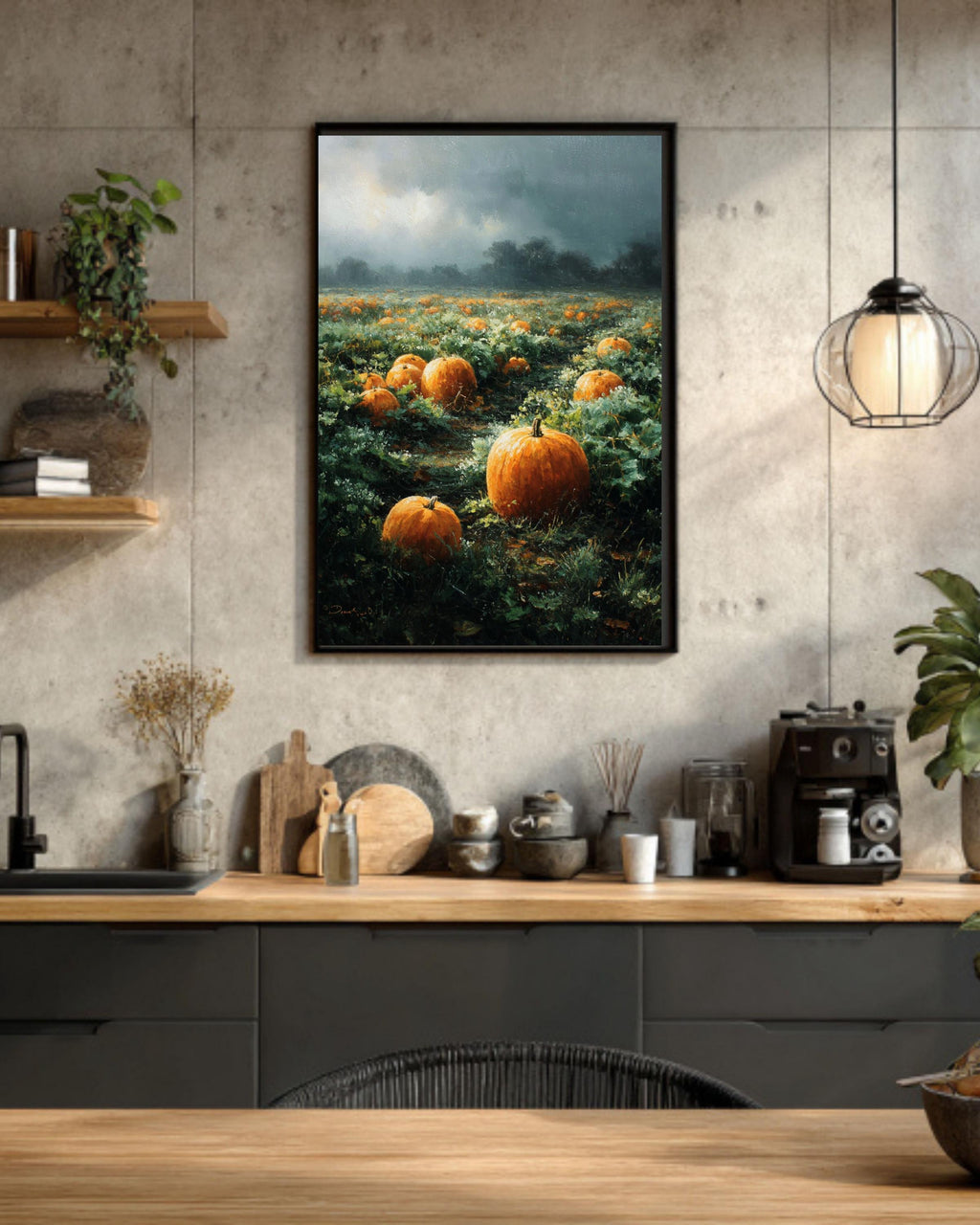 Vintage Pumpkin Field Oil Painting, Rustic Autumn Farmhouse Canvas Print