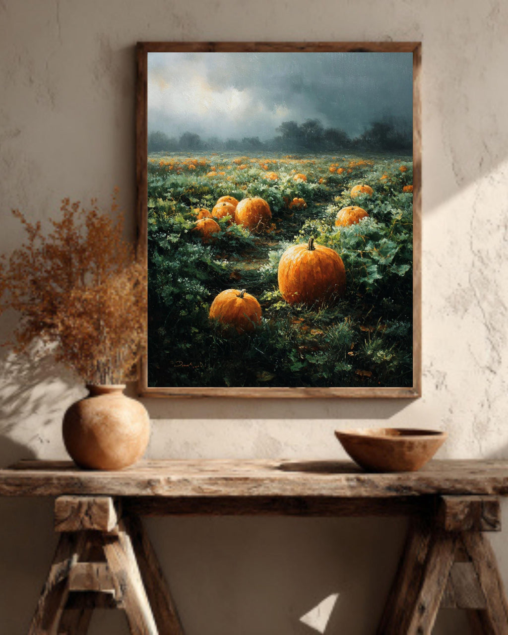 Vintage Pumpkin Field Oil Painting, Rustic Autumn Farmhouse Canvas Print