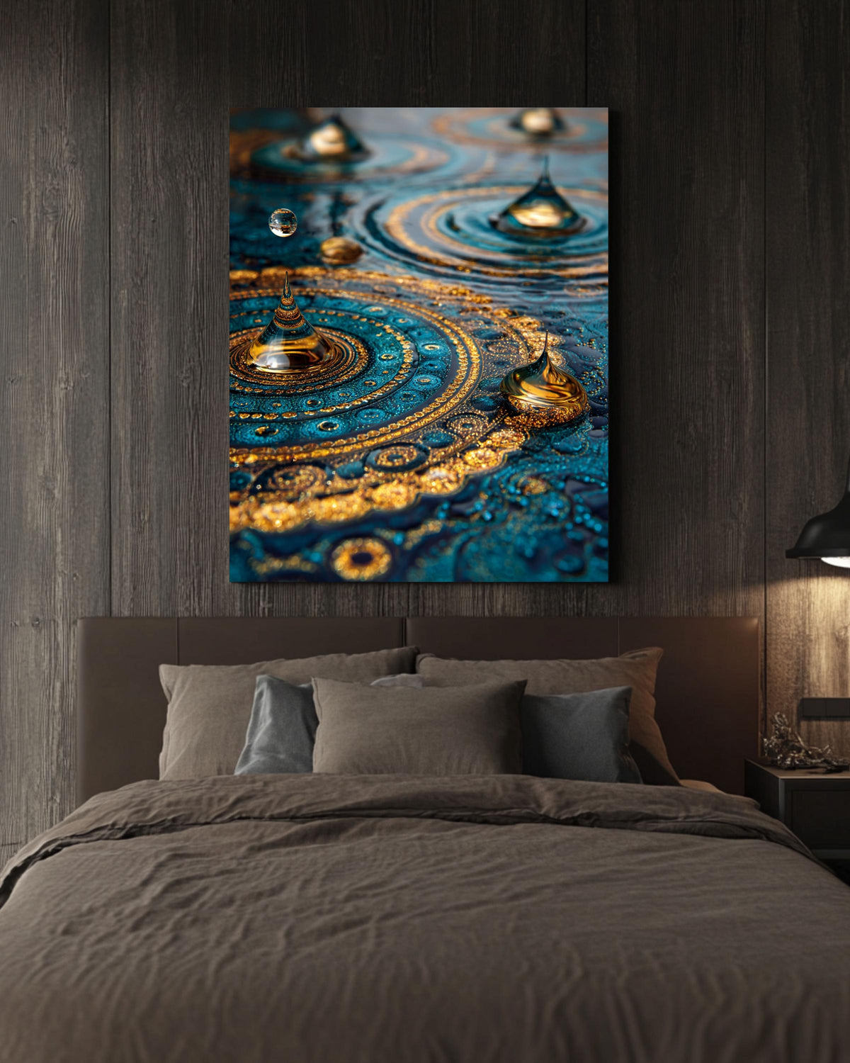Blue Gold Mandala Canvas Art: Abstract Water Ripples Wall Decor