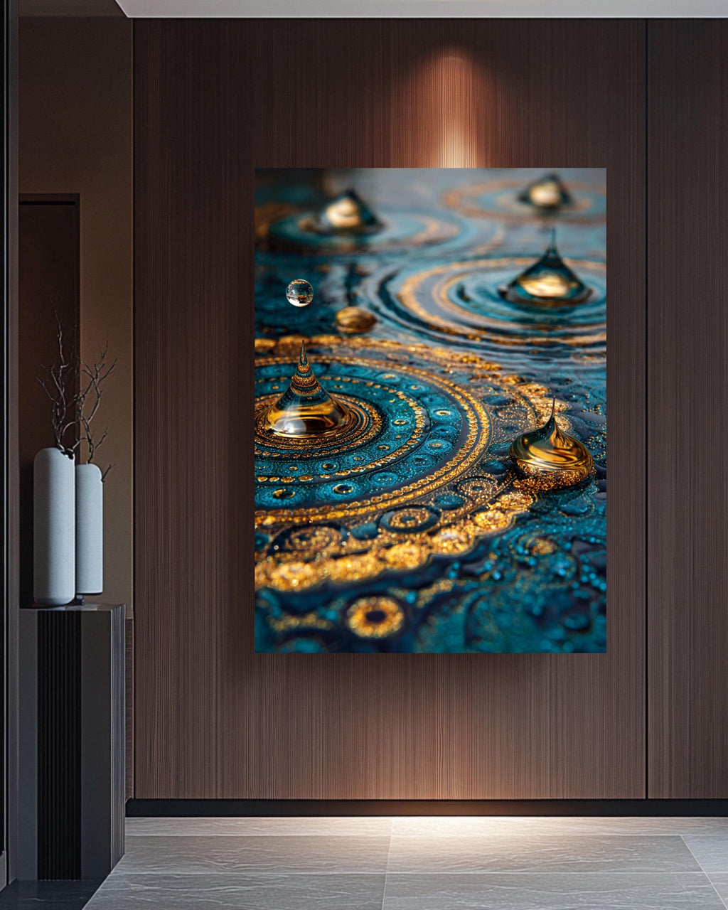 Blue Gold Mandala Canvas Art: Abstract Water Ripples Wall Decor
