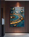Blue Gold Mandala Canvas Art: Abstract Water Ripples Wall Decor