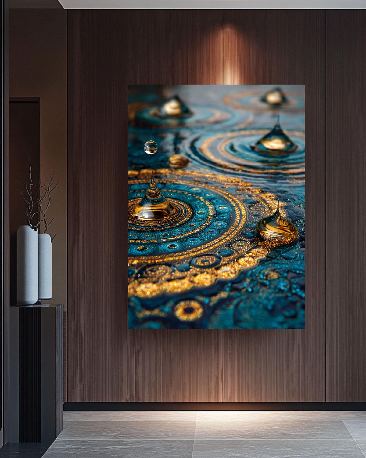 Blue Gold Mandala Canvas Art: Abstract Water Ripples Wall Decor