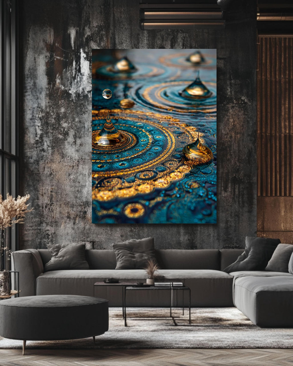 Blue Gold Mandala Canvas Art: Abstract Water Ripples Wall Decor