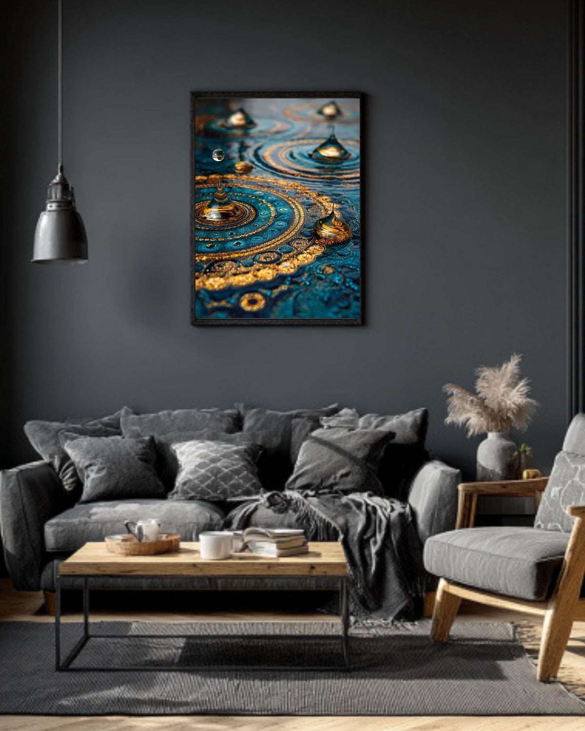 Blue Gold Mandala Canvas Art: Abstract Water Ripples Wall Decor
