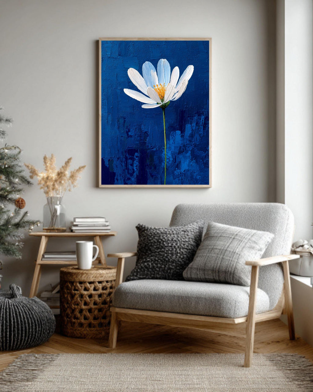 White Flower on Blue Impasto Canvas, Minimalist Textured Floral Art