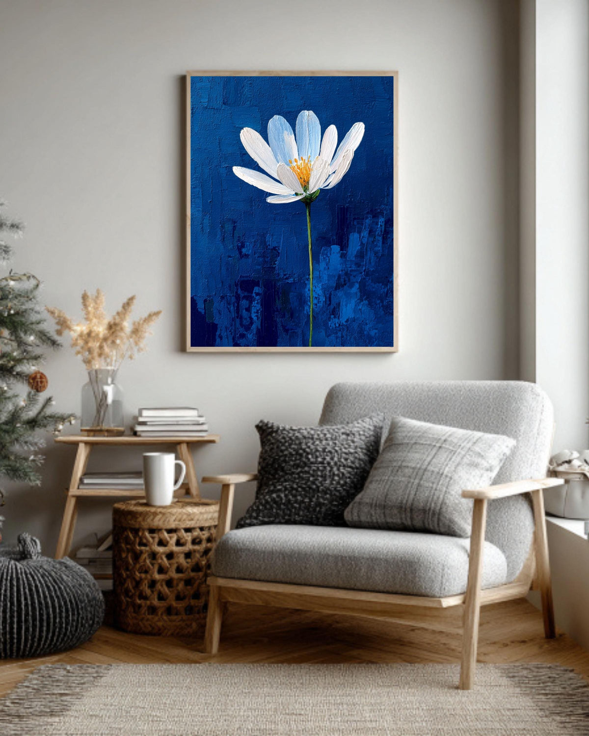 White Flower on Blue Impasto Canvas, Minimalist Textured Floral Art