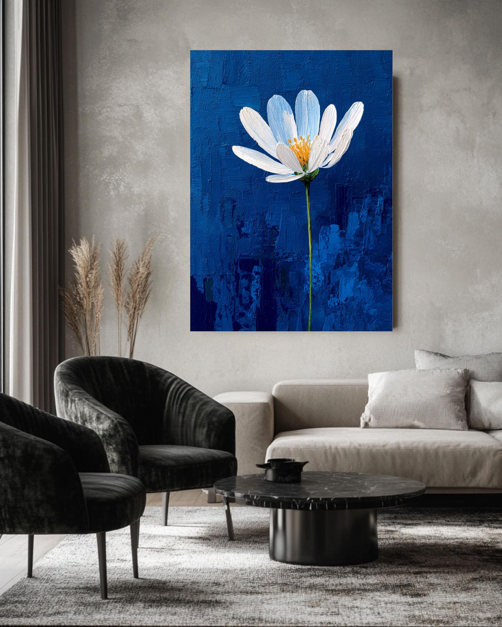 White Flower on Blue Impasto Canvas, Minimalist Textured Floral Art