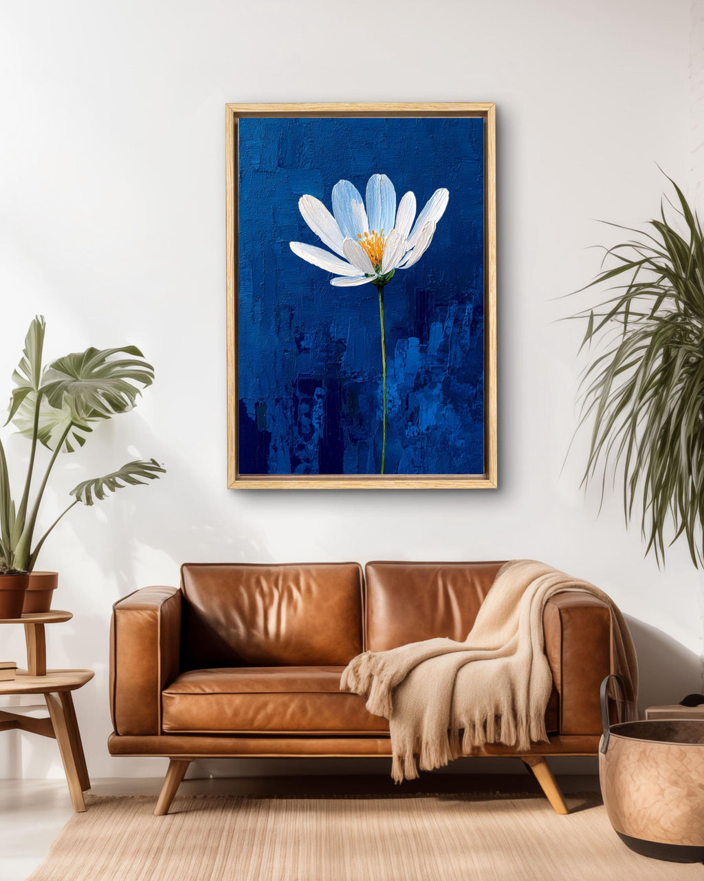 White Flower on Blue Impasto Canvas, Minimalist Textured Floral Art