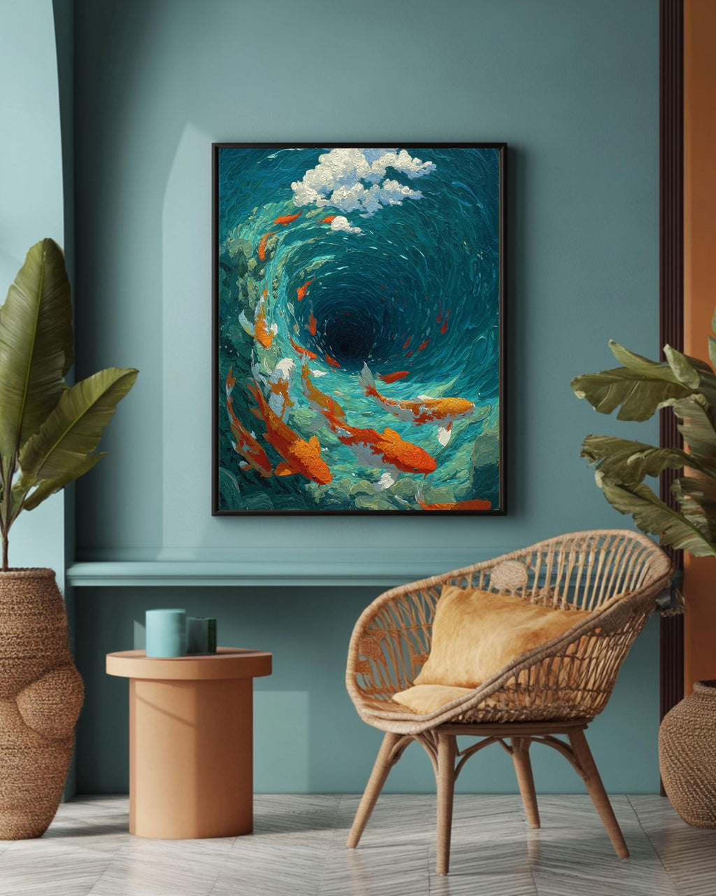 Koi Fish Vortex Canvas Print, Teal Japanese Asian Wall Art