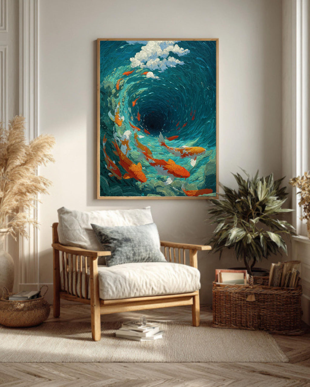 Koi Fish Vortex Canvas Print, Teal Japanese Asian Wall Art