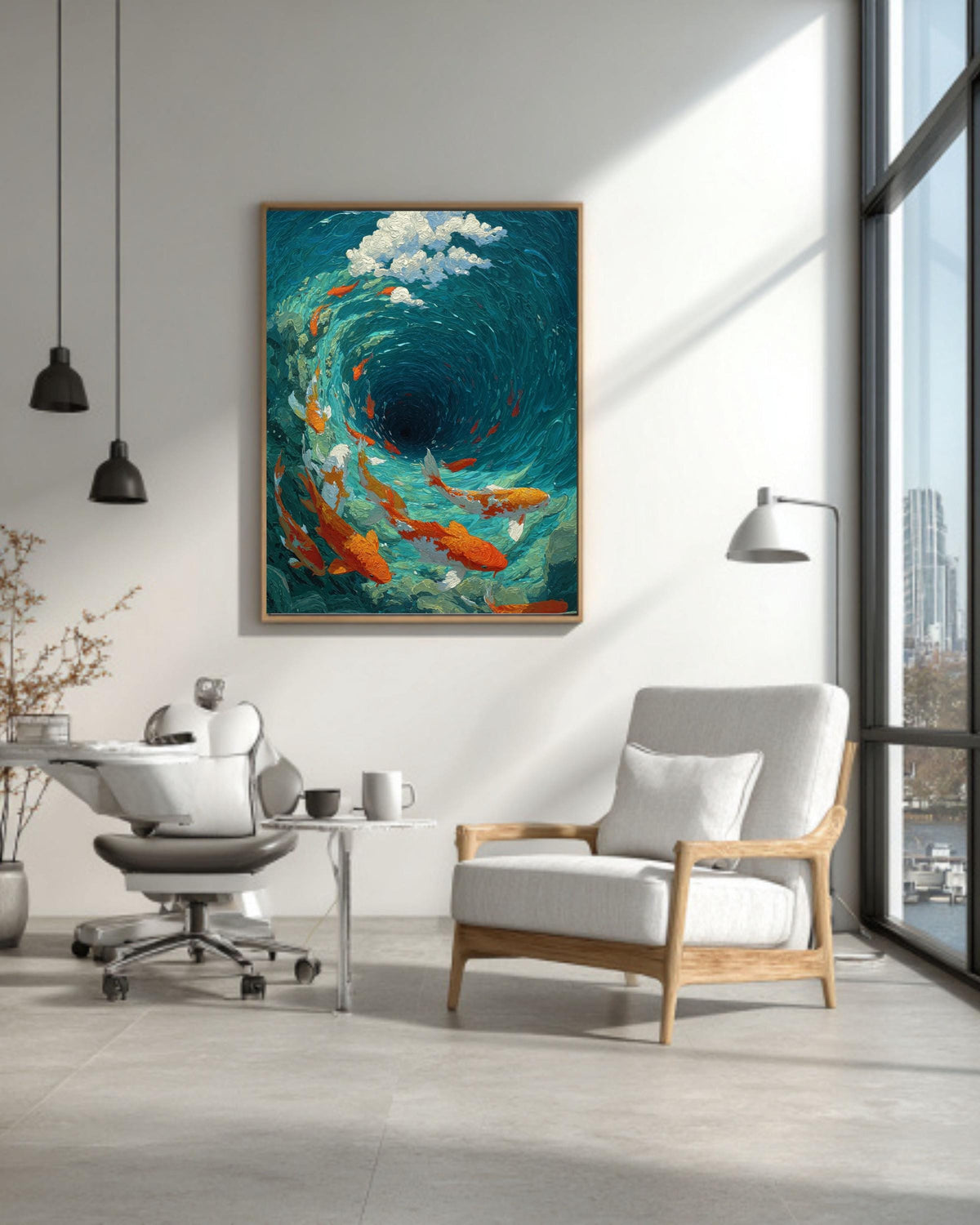 Koi Fish Vortex Canvas Print, Teal Japanese Asian Wall Art