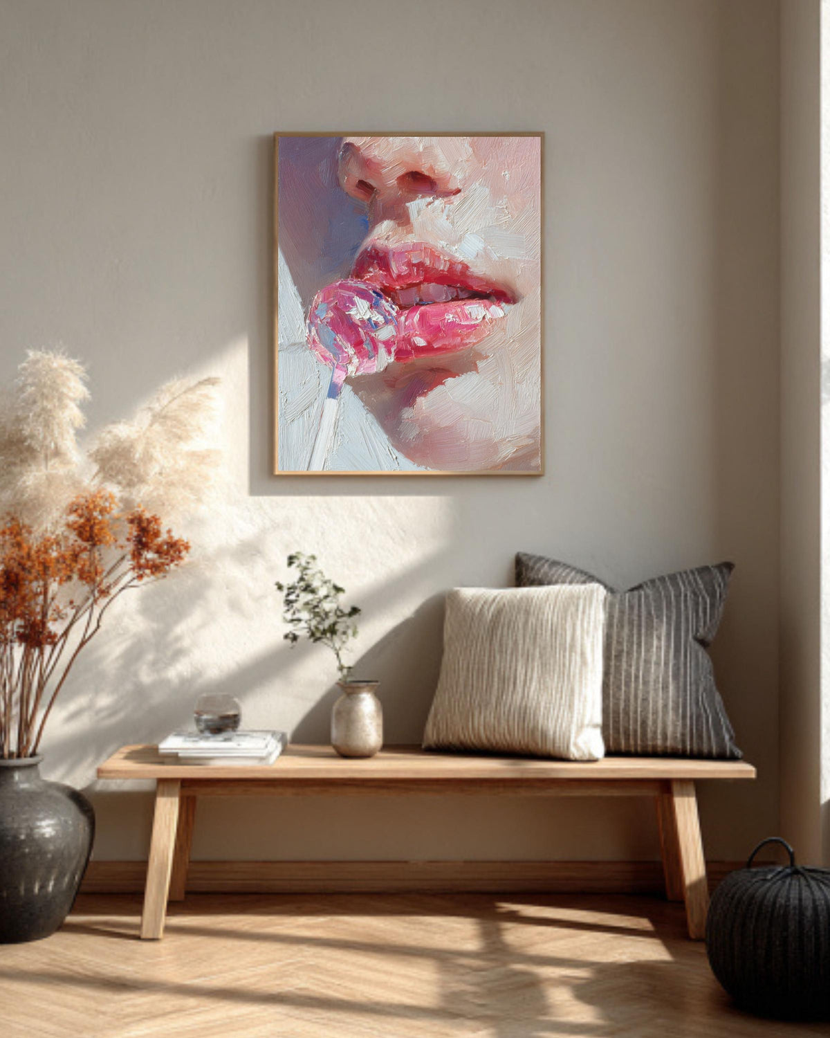 Impasto Pink Lips Lollipop Canvas Art: Modern Pop Painting