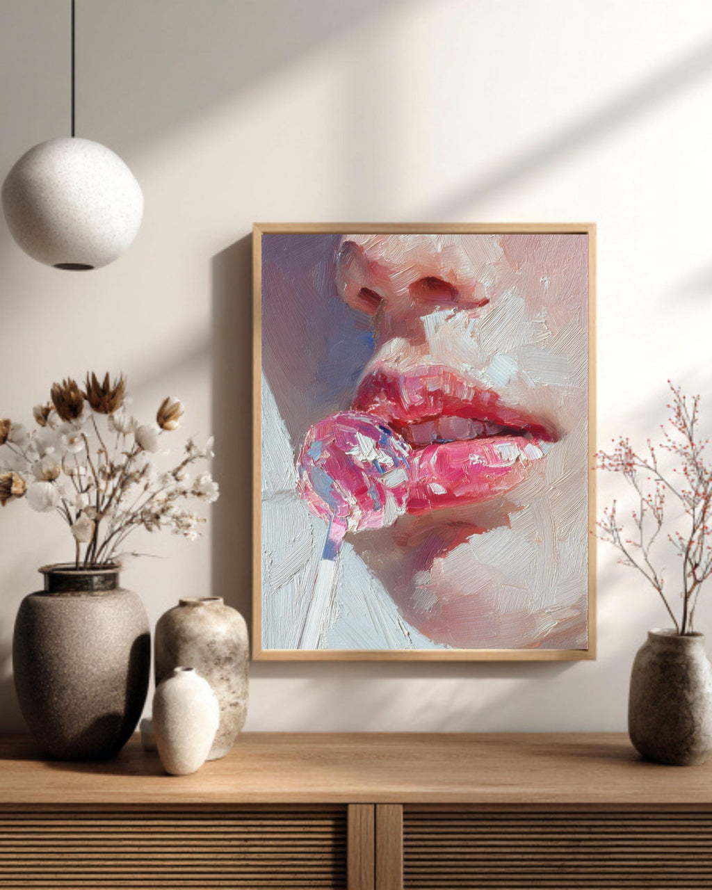 Impasto Pink Lips Lollipop Canvas Art: Modern Pop Painting