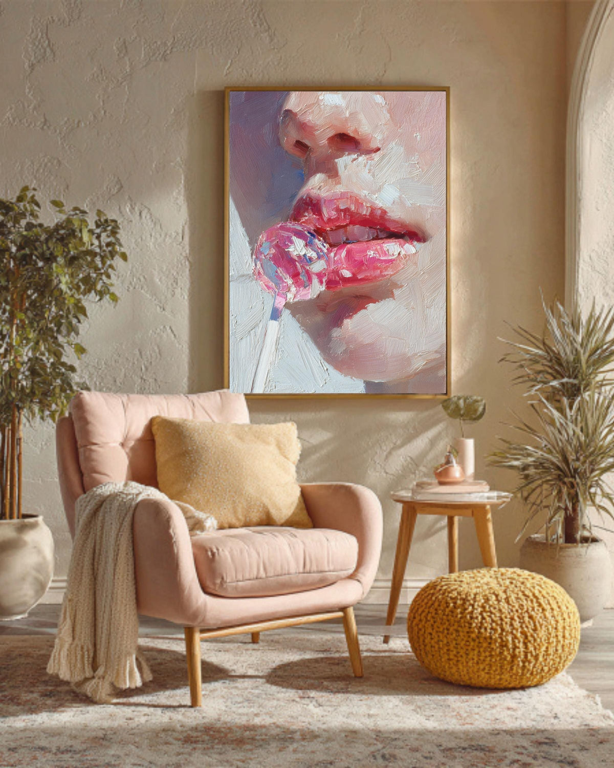 Impasto Pink Lips Lollipop Canvas Art: Modern Pop Painting