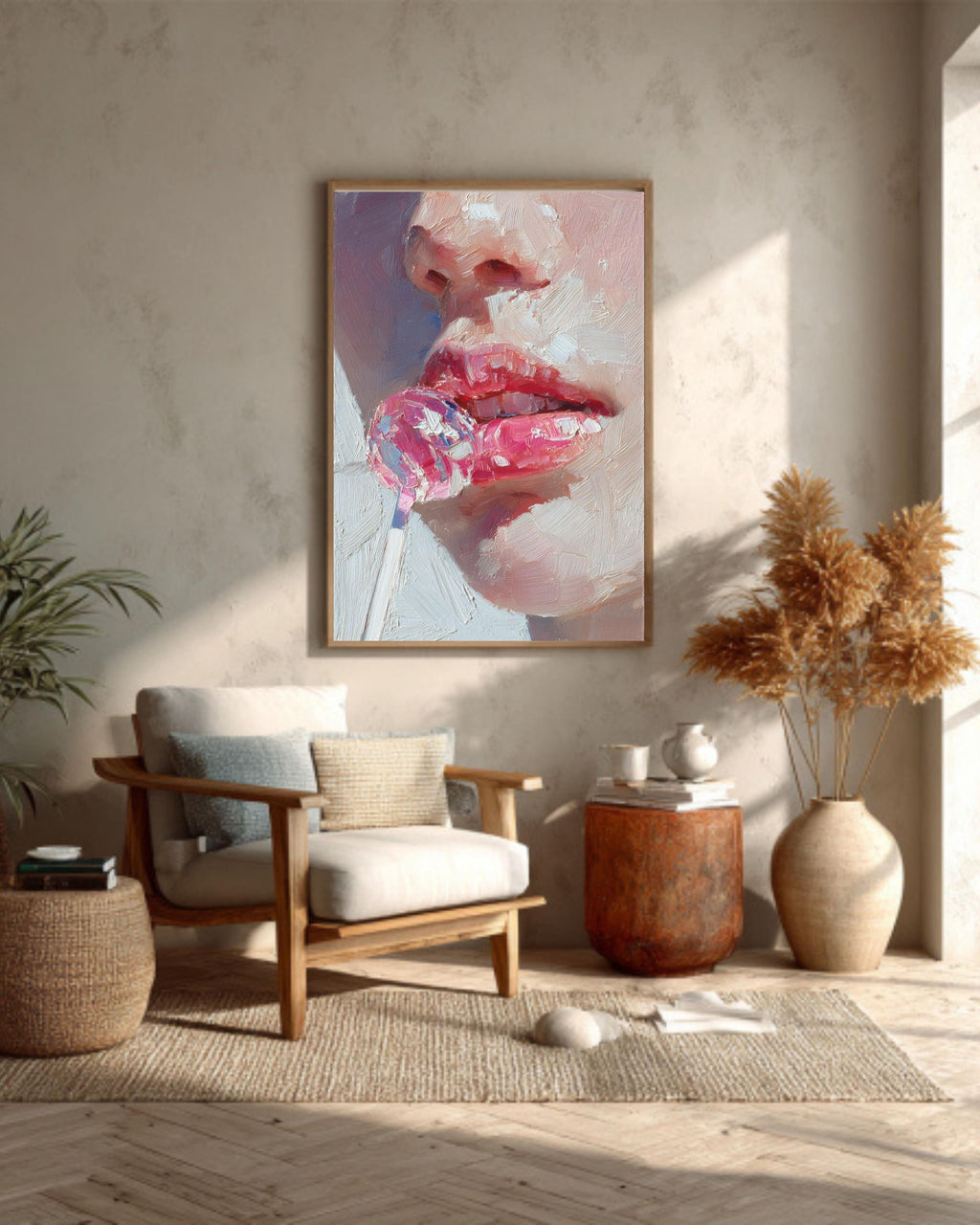 Impasto Pink Lips Lollipop Canvas Art: Modern Pop Painting