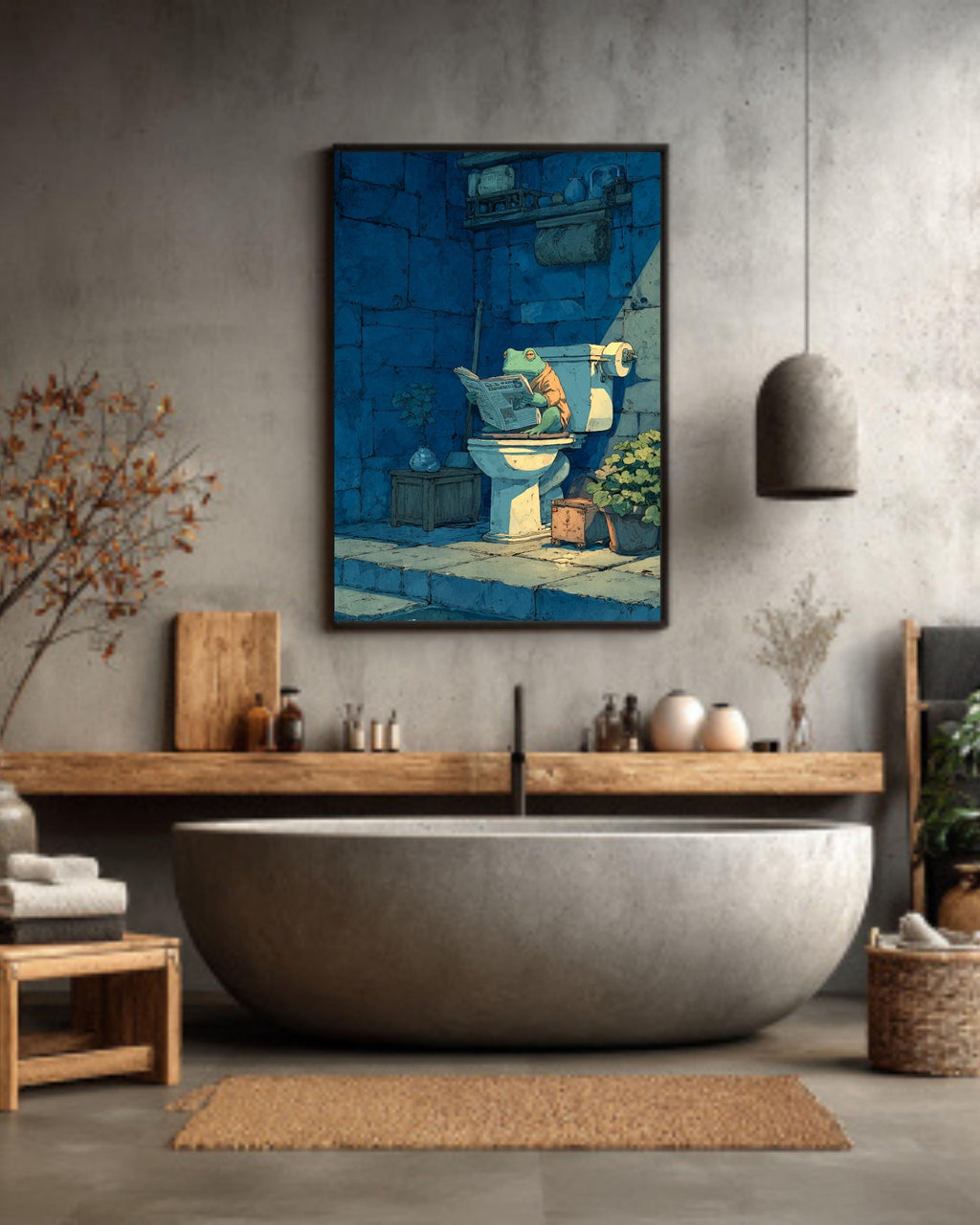 Frog on Toilet Canvas Art: Funny Bathroom Woodblock Print