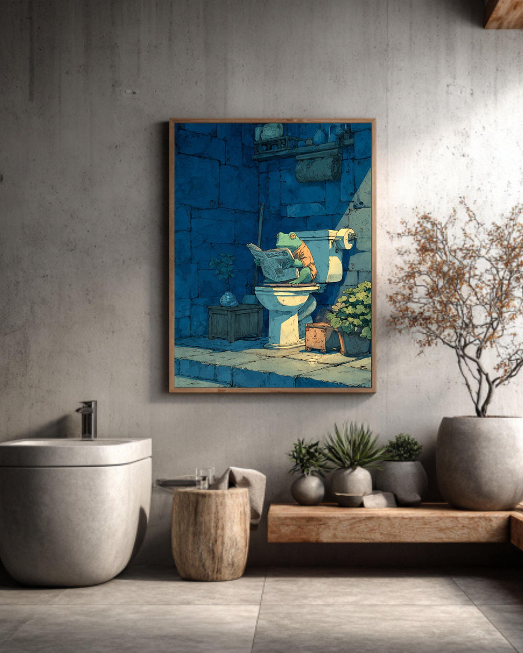 Frog on Toilet Canvas Art: Funny Bathroom Woodblock Print
