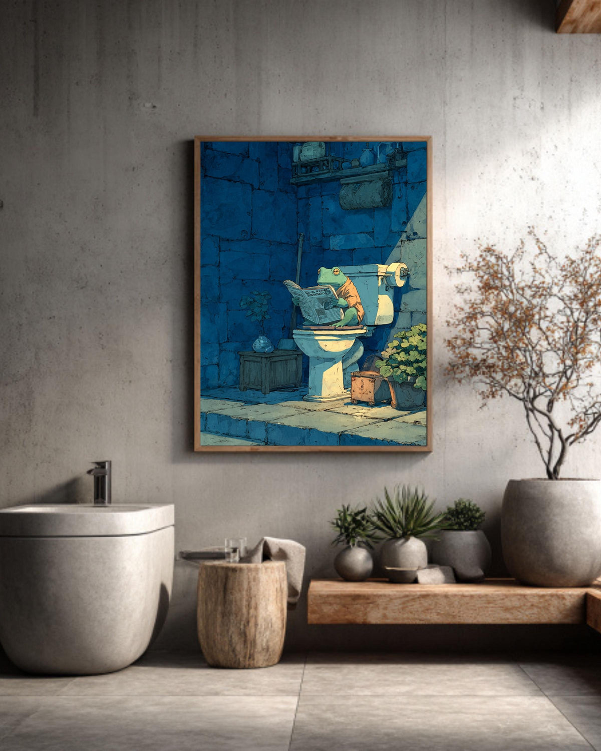 Frog on Toilet Canvas Art: Funny Bathroom Woodblock Print