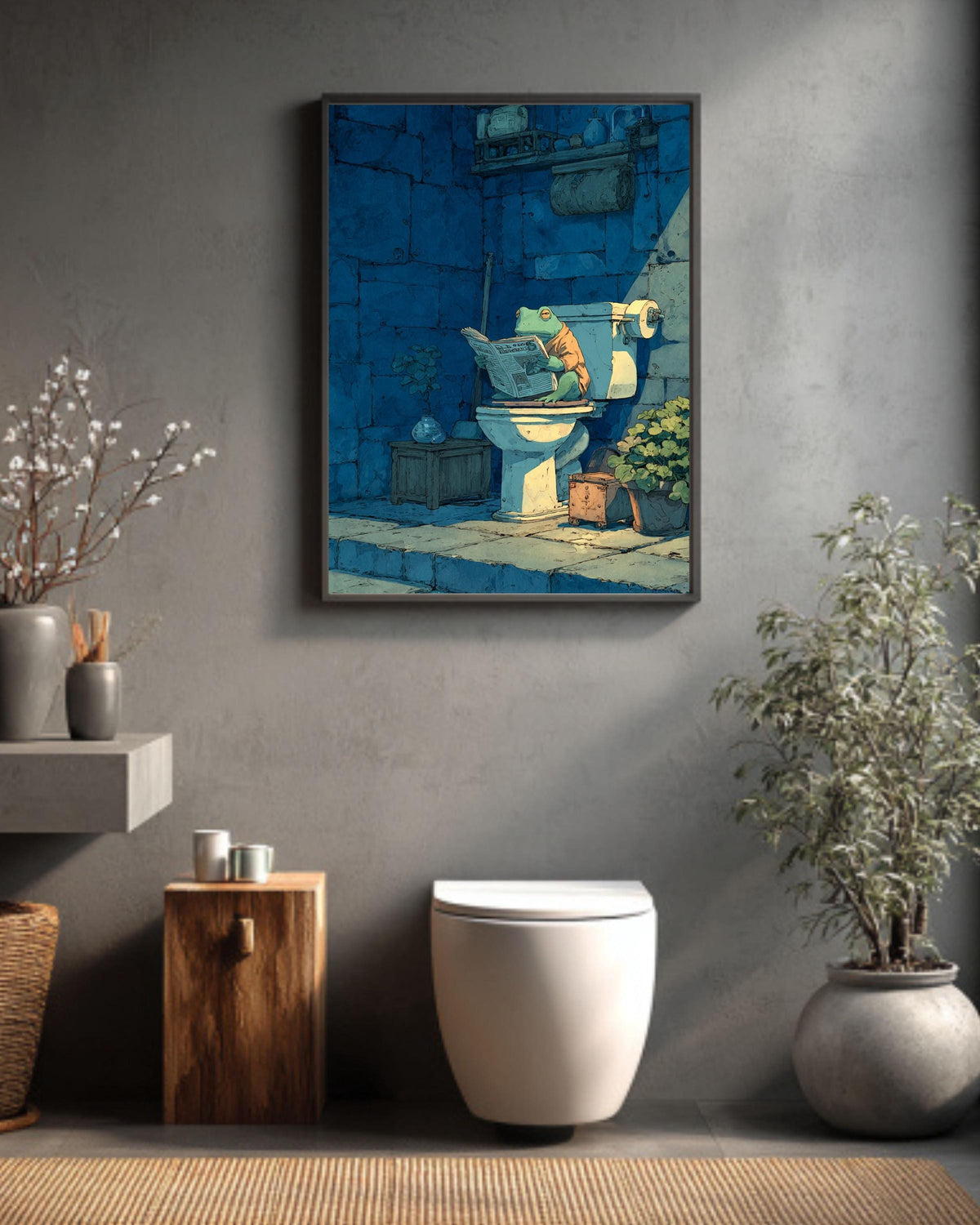 Frog on Toilet Canvas Art: Funny Bathroom Woodblock Print