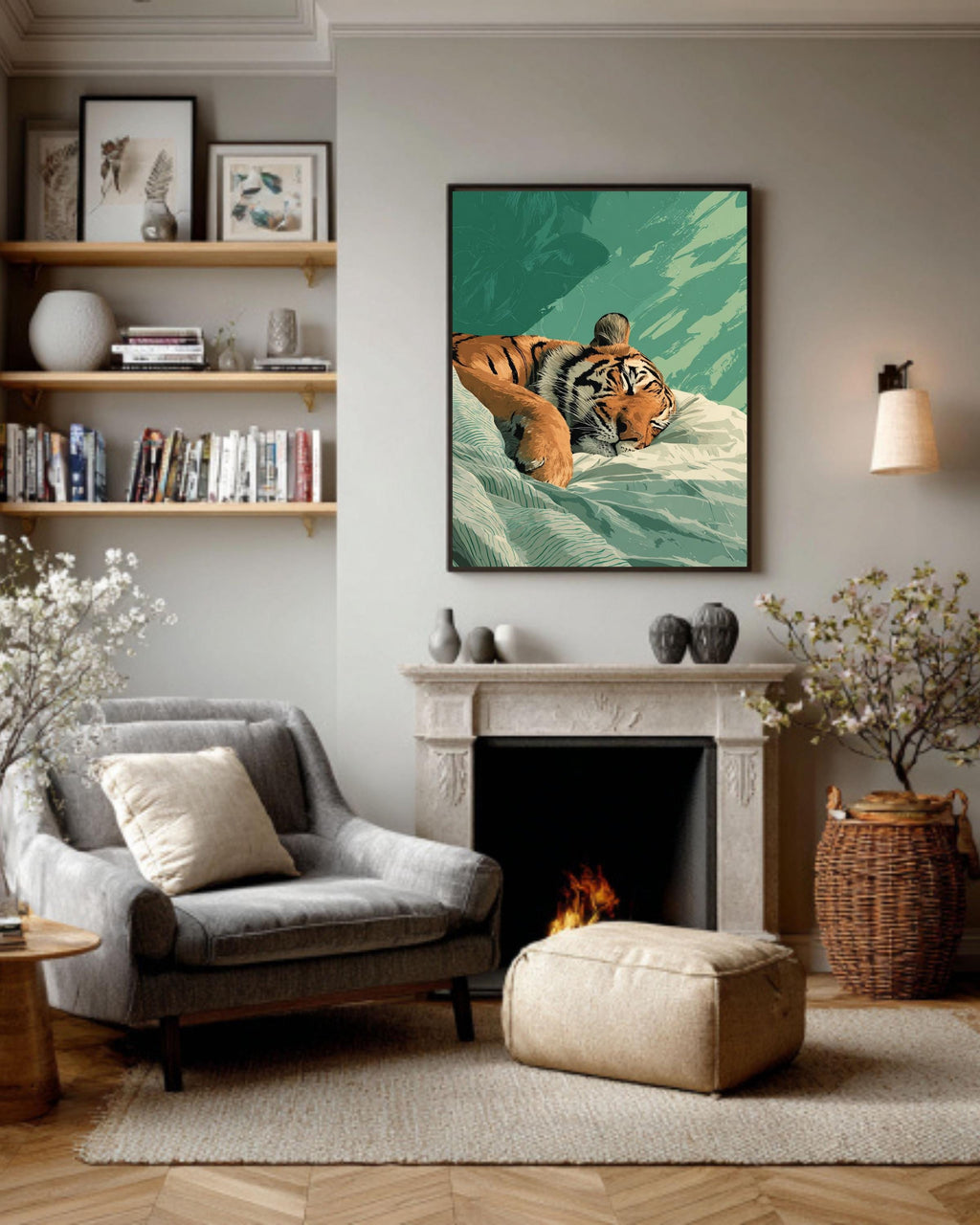 Japandi Sleeping Tiger Canvas Print | Minimalist Bedroom Wall Art