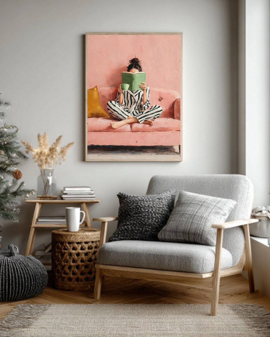Woman Reading Art Print: Pink Sofa, Striped Pajamas Canvas