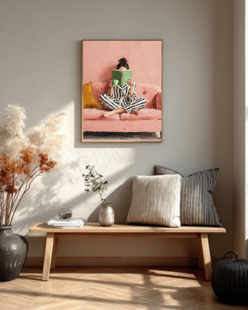Woman Reading Art Print: Pink Sofa, Striped Pajamas Canvas