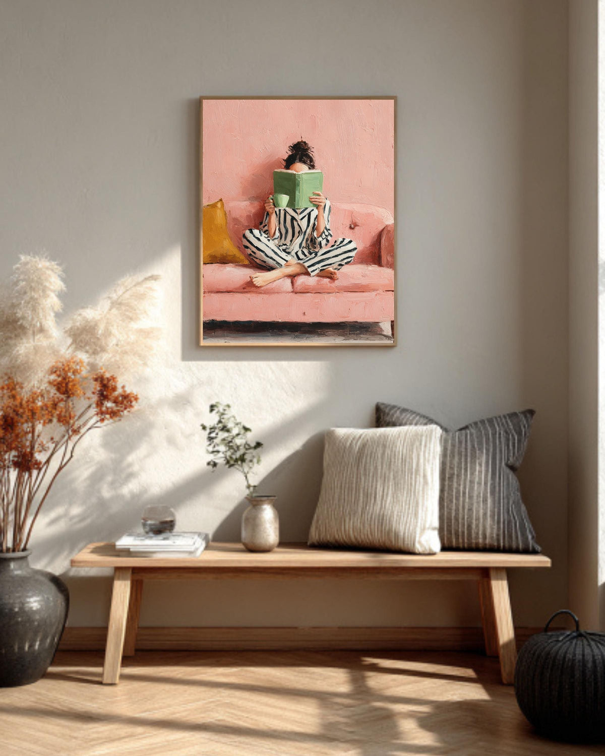 Woman Reading Art Print: Pink Sofa, Striped Pajamas Canvas