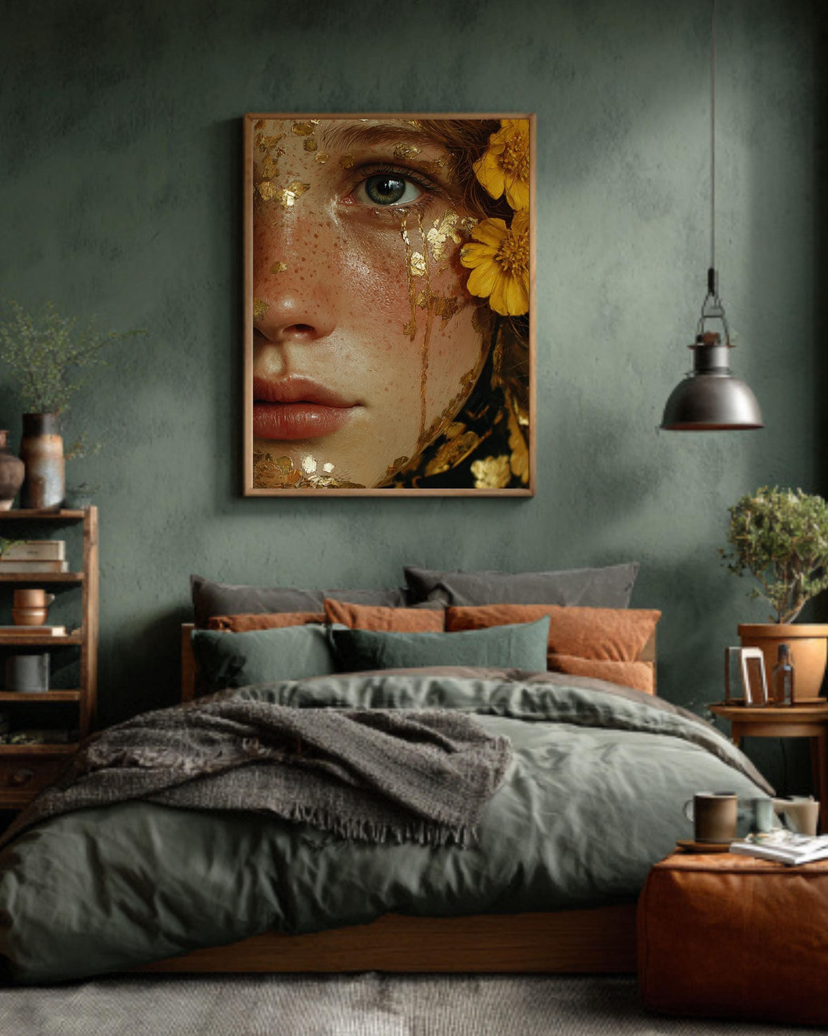 Gold Leaf Tears Woman Portrait: Surreal Canvas Art Print