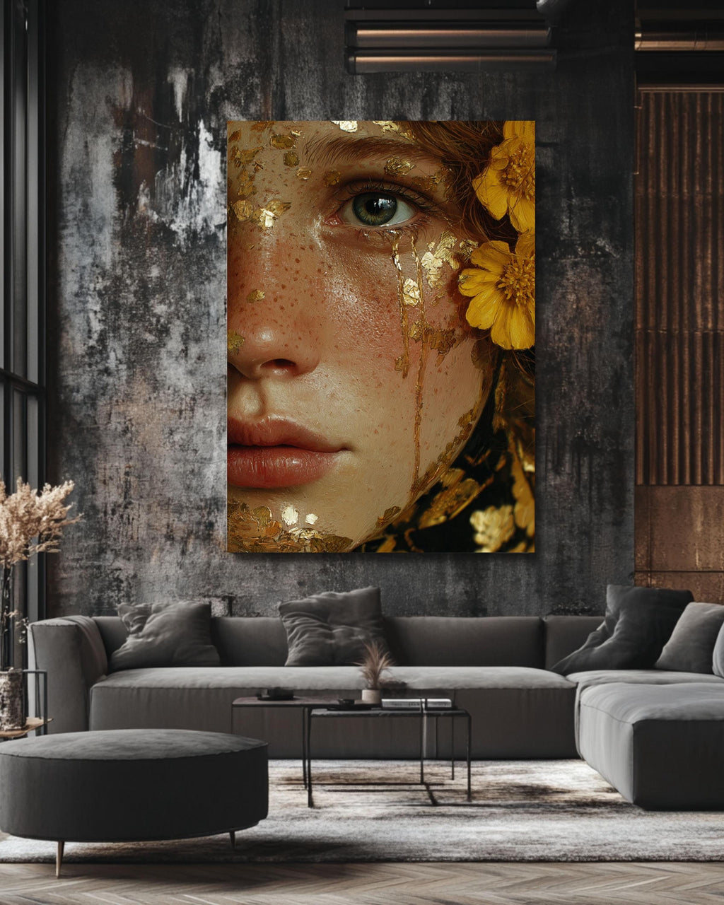 Gold Leaf Tears Woman Portrait: Surreal Canvas Art Print