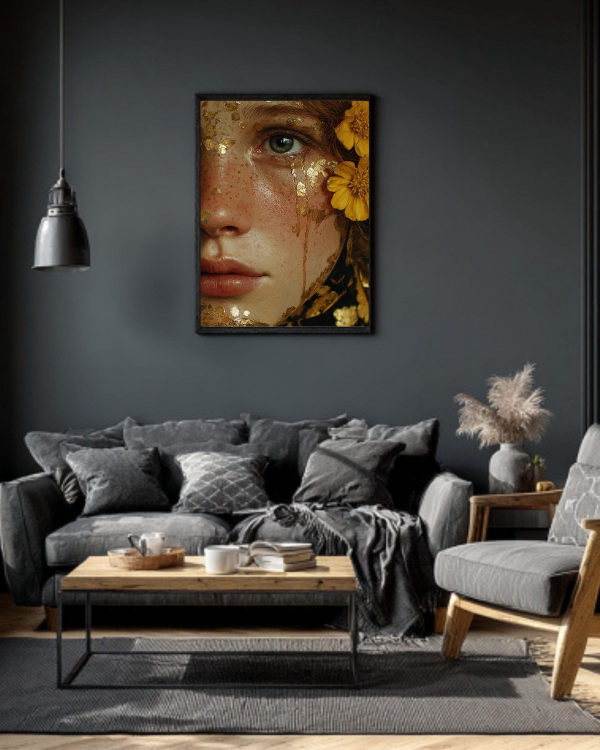 Gold Leaf Tears Woman Portrait: Surreal Canvas Art Print