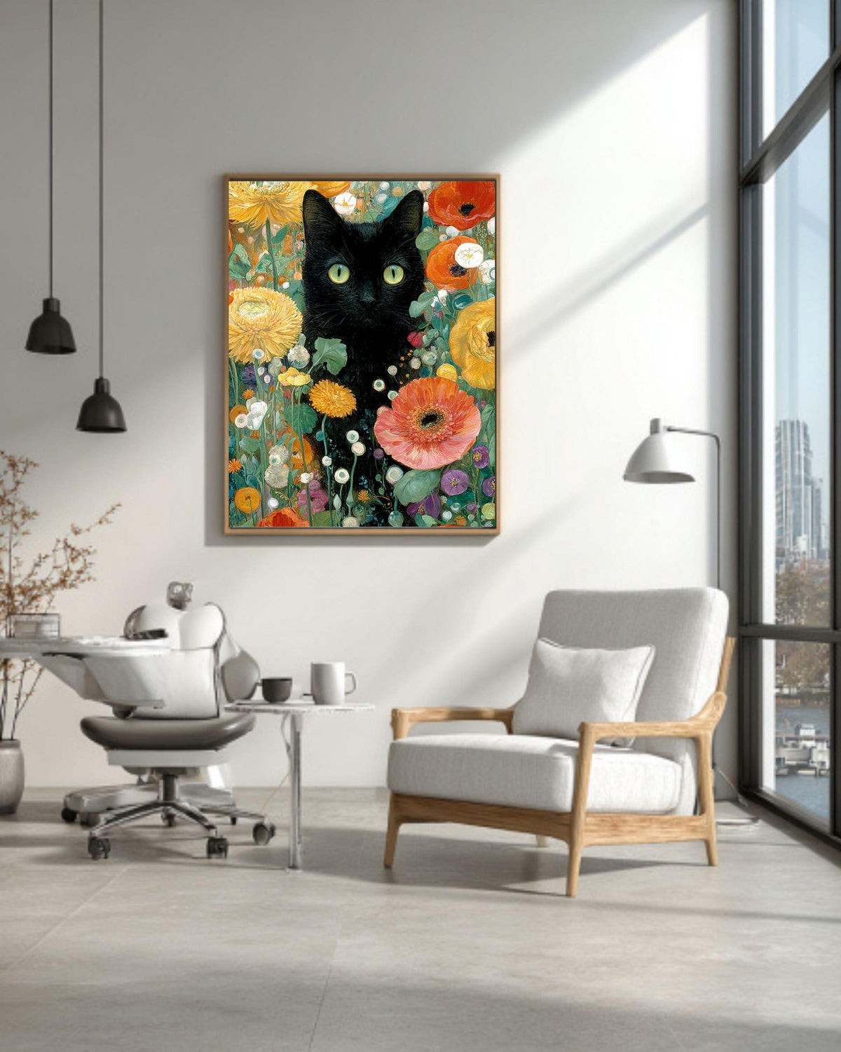 Gustav Klimt Style Black Cat Canvas Print: Maximalist Floral Art