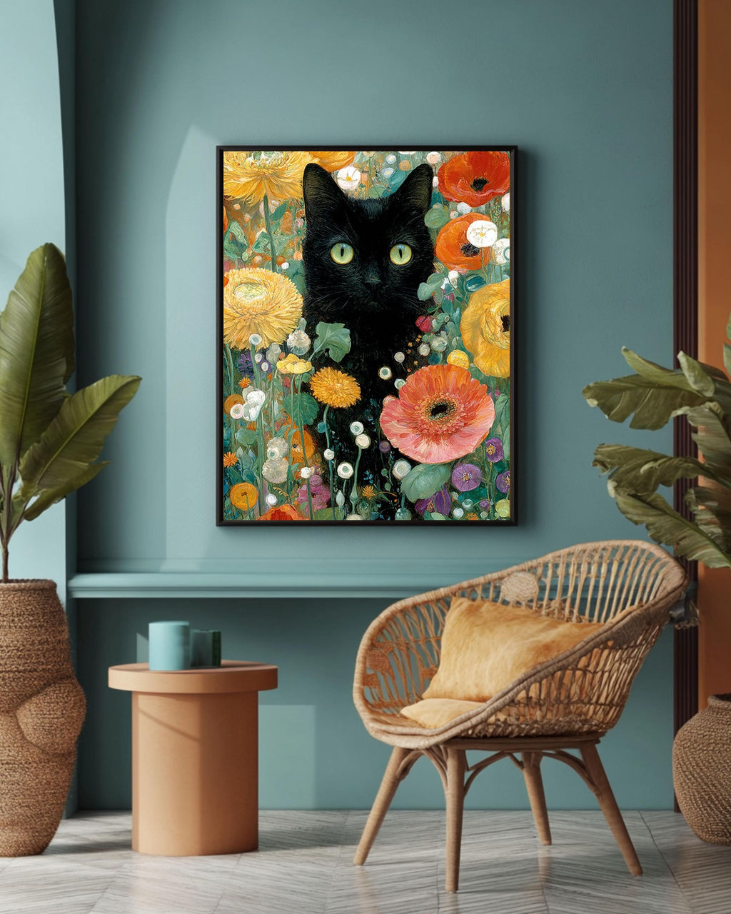 Gustav Klimt Style Black Cat Canvas Print: Maximalist Floral Art