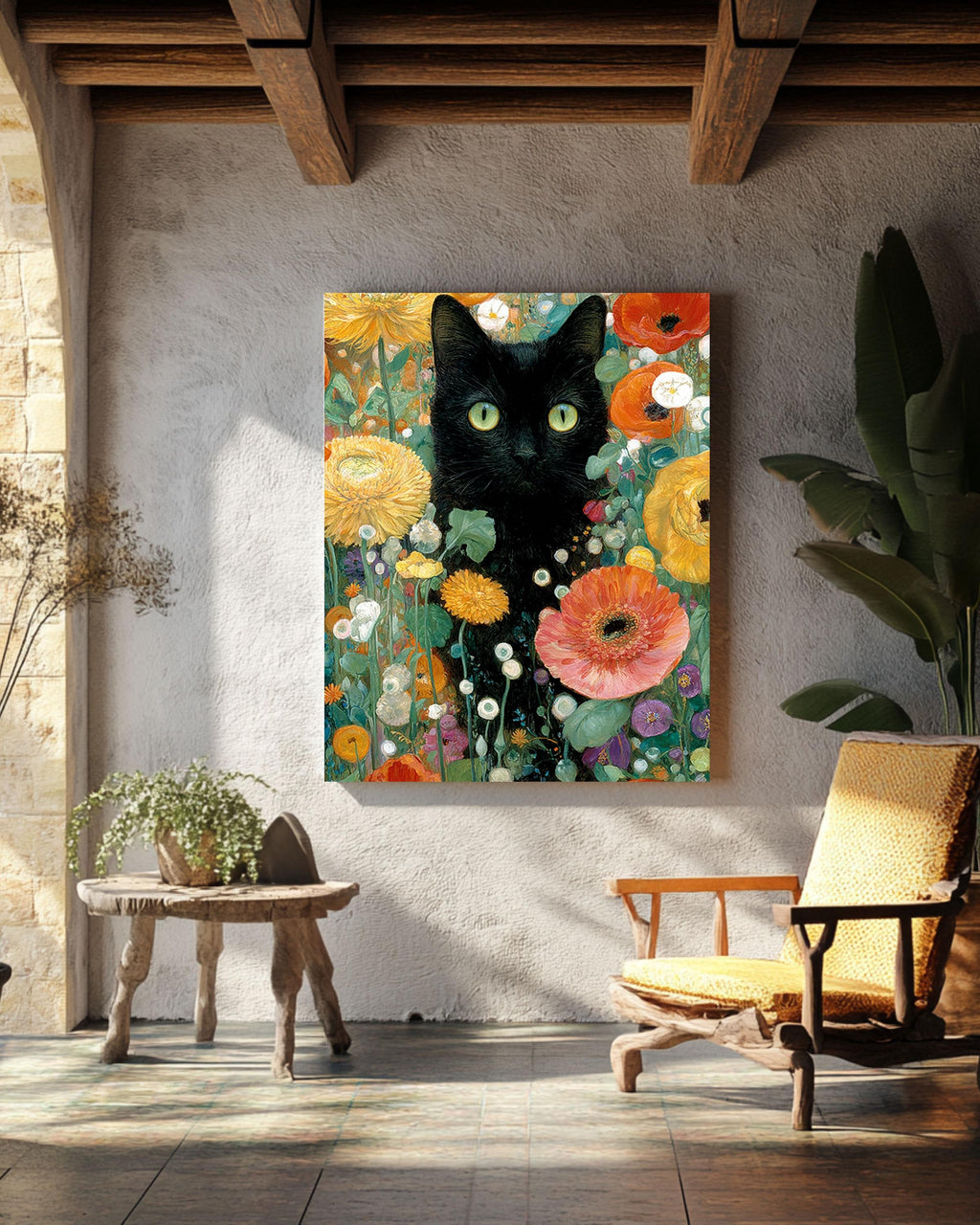 Gustav Klimt Style Black Cat Canvas Print: Maximalist Floral Art