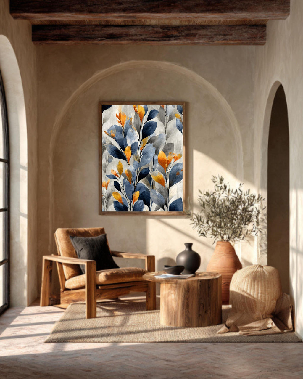 Abstract Botanical Leaf Canvas: Navy Blue & Gold Wallpaper Art