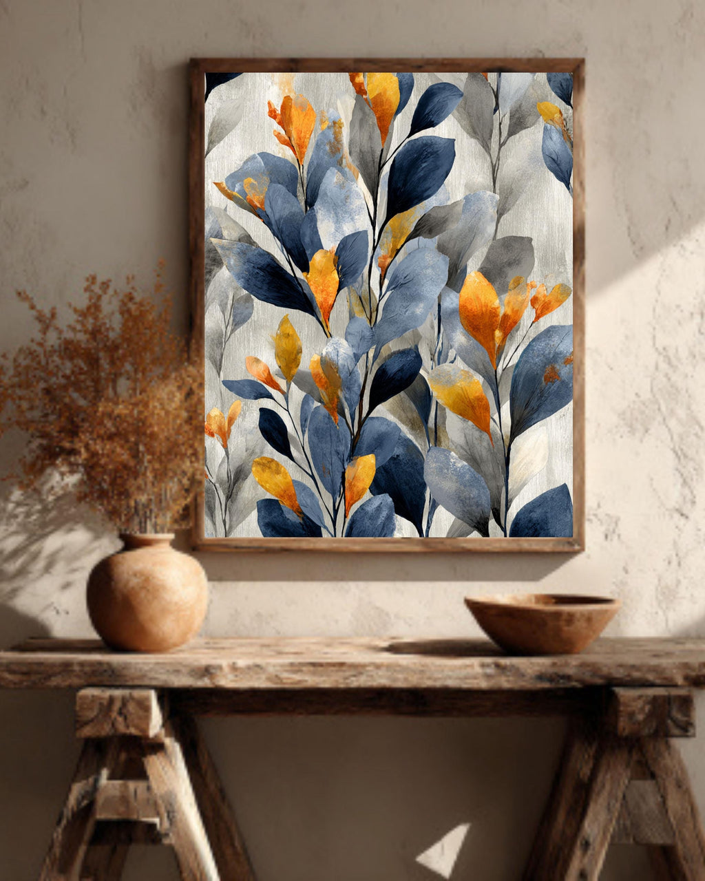 Abstract Botanical Leaf Canvas: Navy Blue & Gold Wallpaper Art