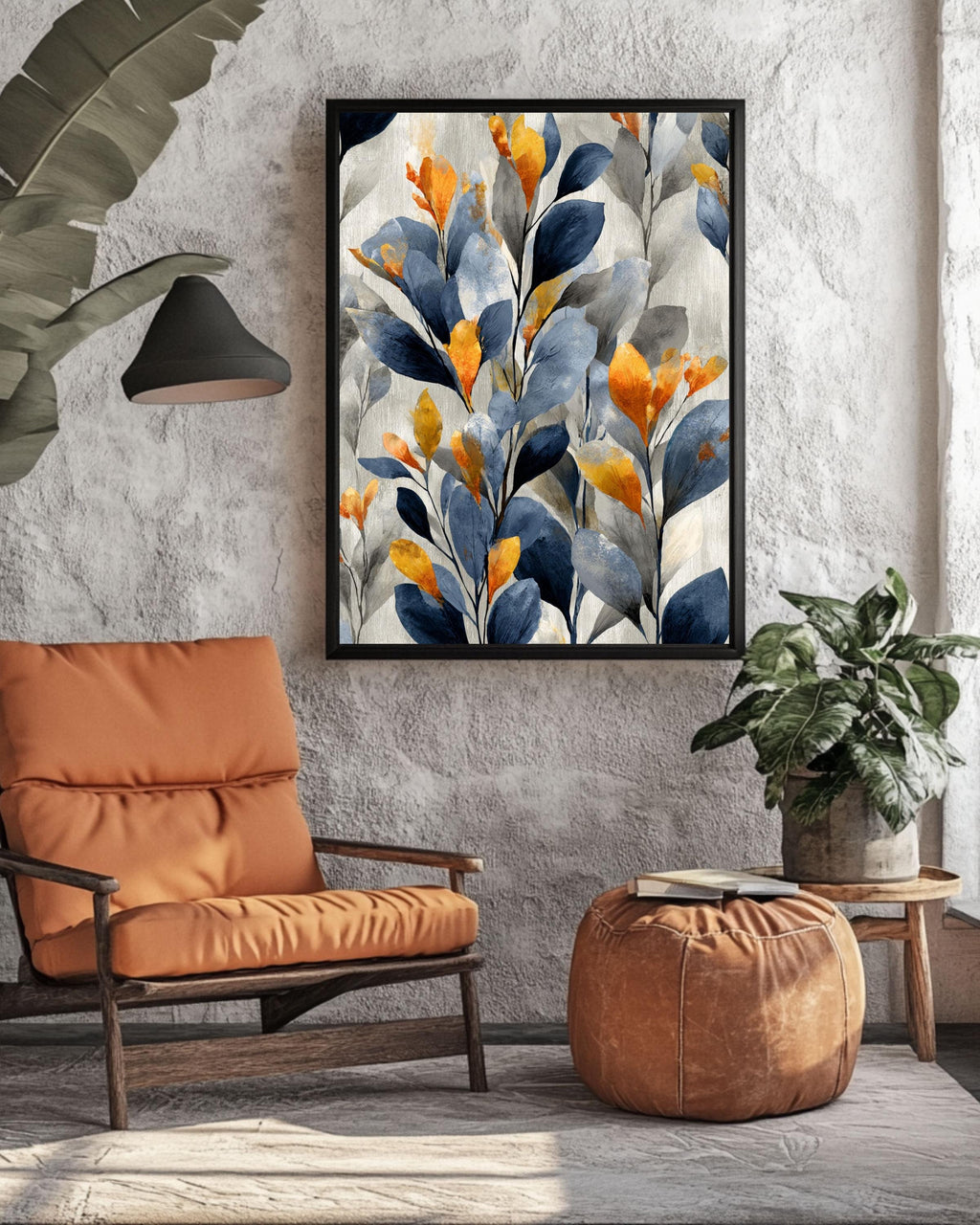 Abstract Botanical Leaf Canvas: Navy Blue & Gold Wallpaper Art