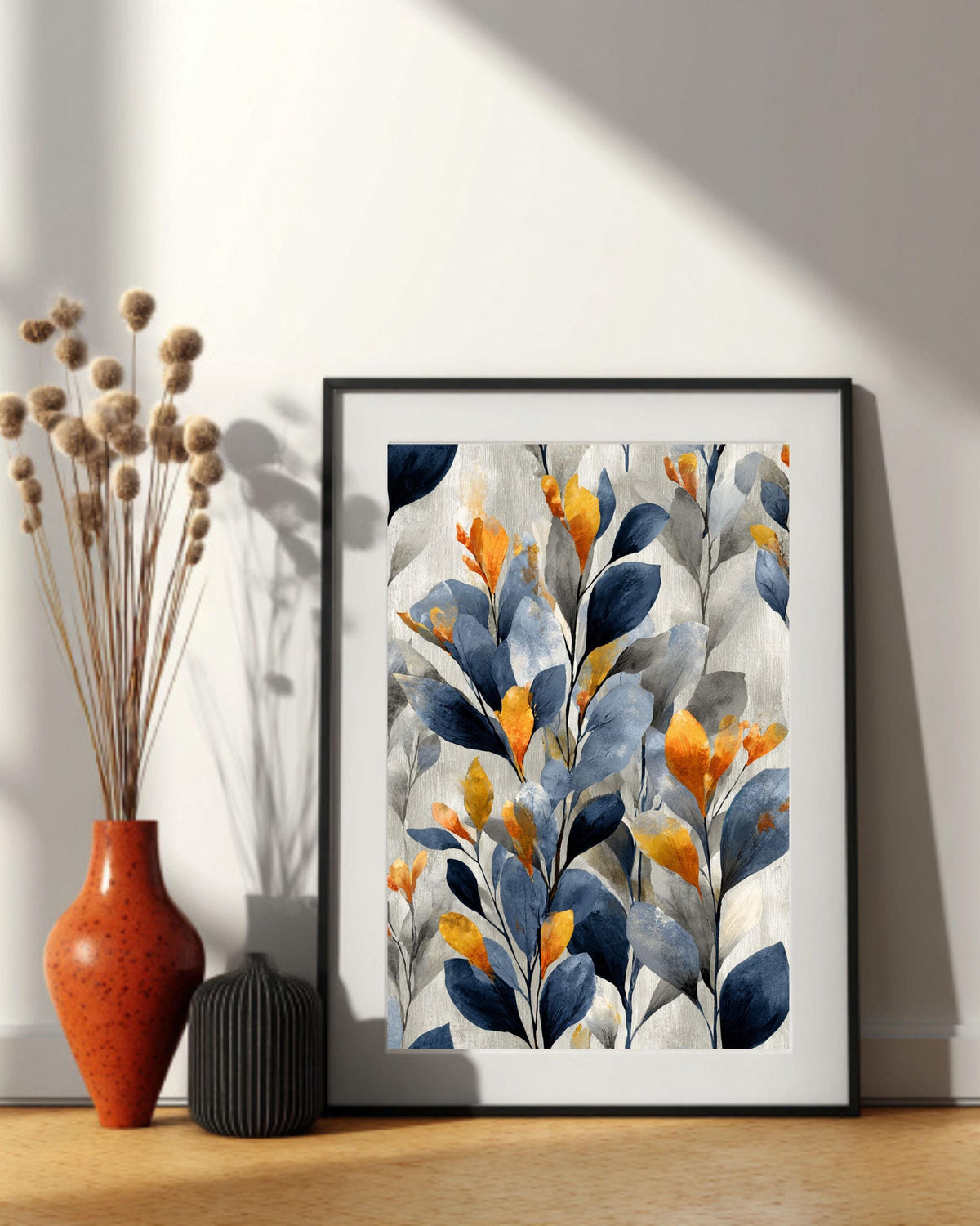 Abstract Botanical Leaf Canvas: Navy Blue & Gold Wallpaper Art