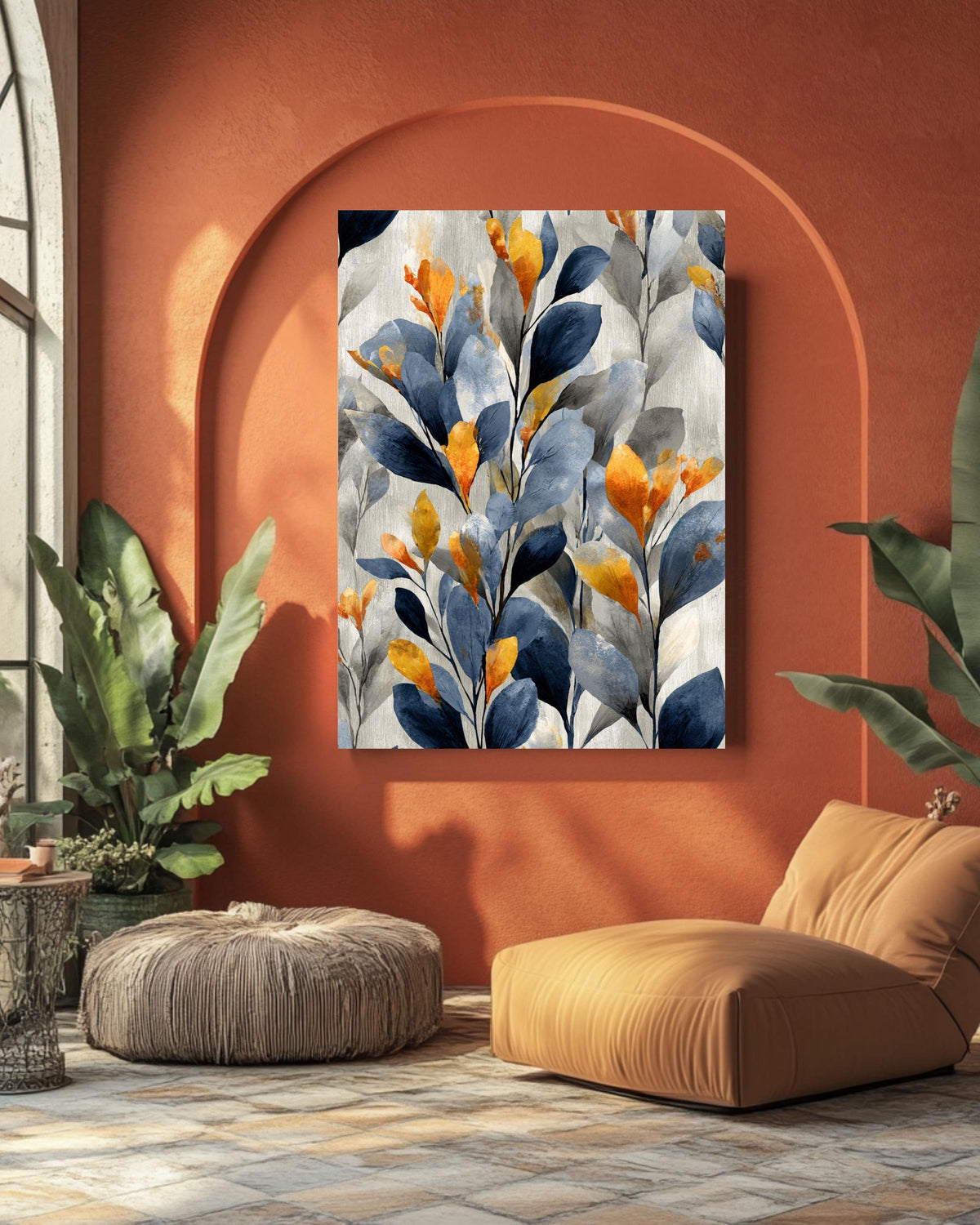 Abstract Botanical Leaf Canvas: Navy Blue & Gold Wallpaper Art