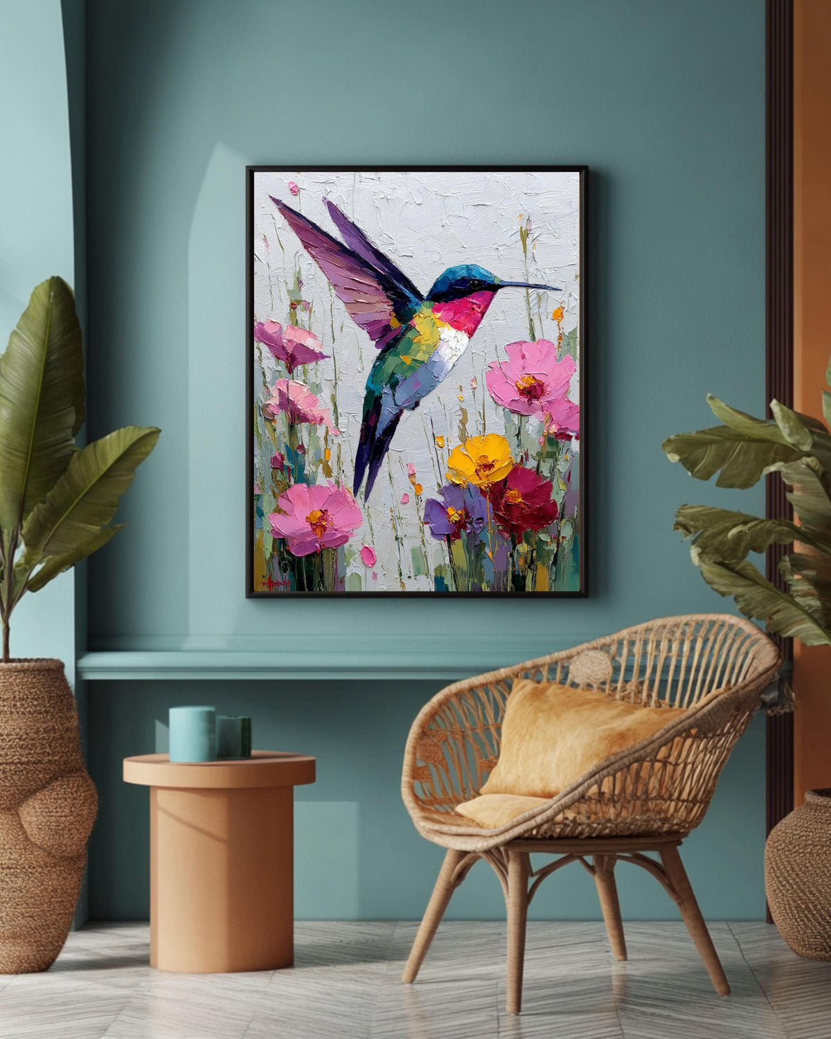 Palette Knife Hummingbird Canvas Print: Textured Floral Oil Painting