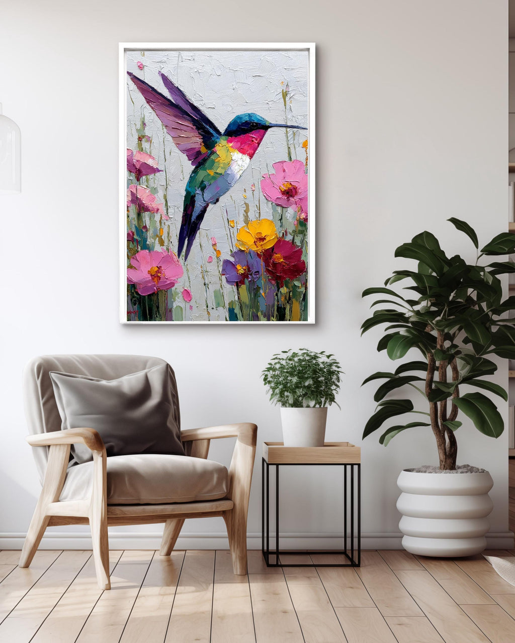 Palette Knife Hummingbird Canvas Print: Textured Floral Oil Painting