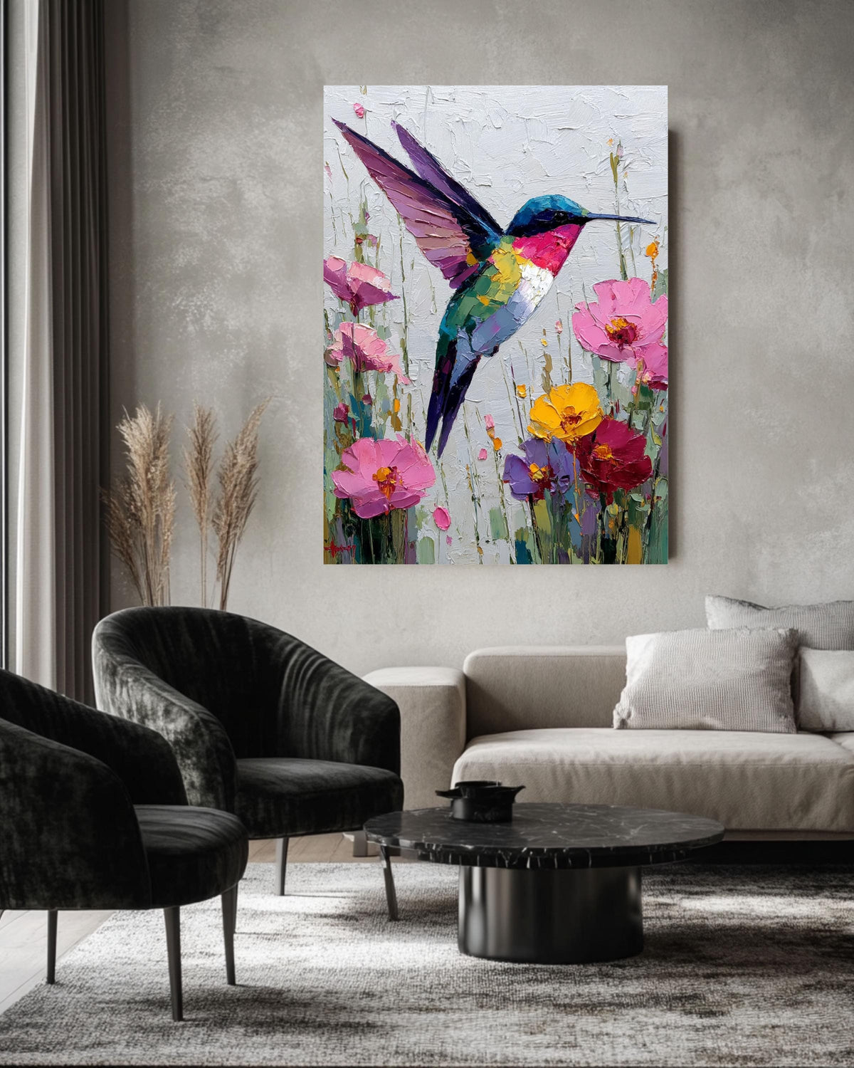 Palette Knife Hummingbird Canvas Print: Textured Floral Oil Painting