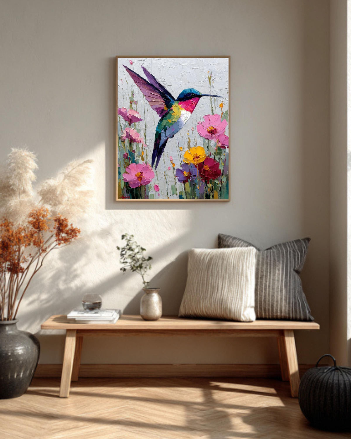 Palette Knife Hummingbird Canvas Print: Textured Floral Oil Painting