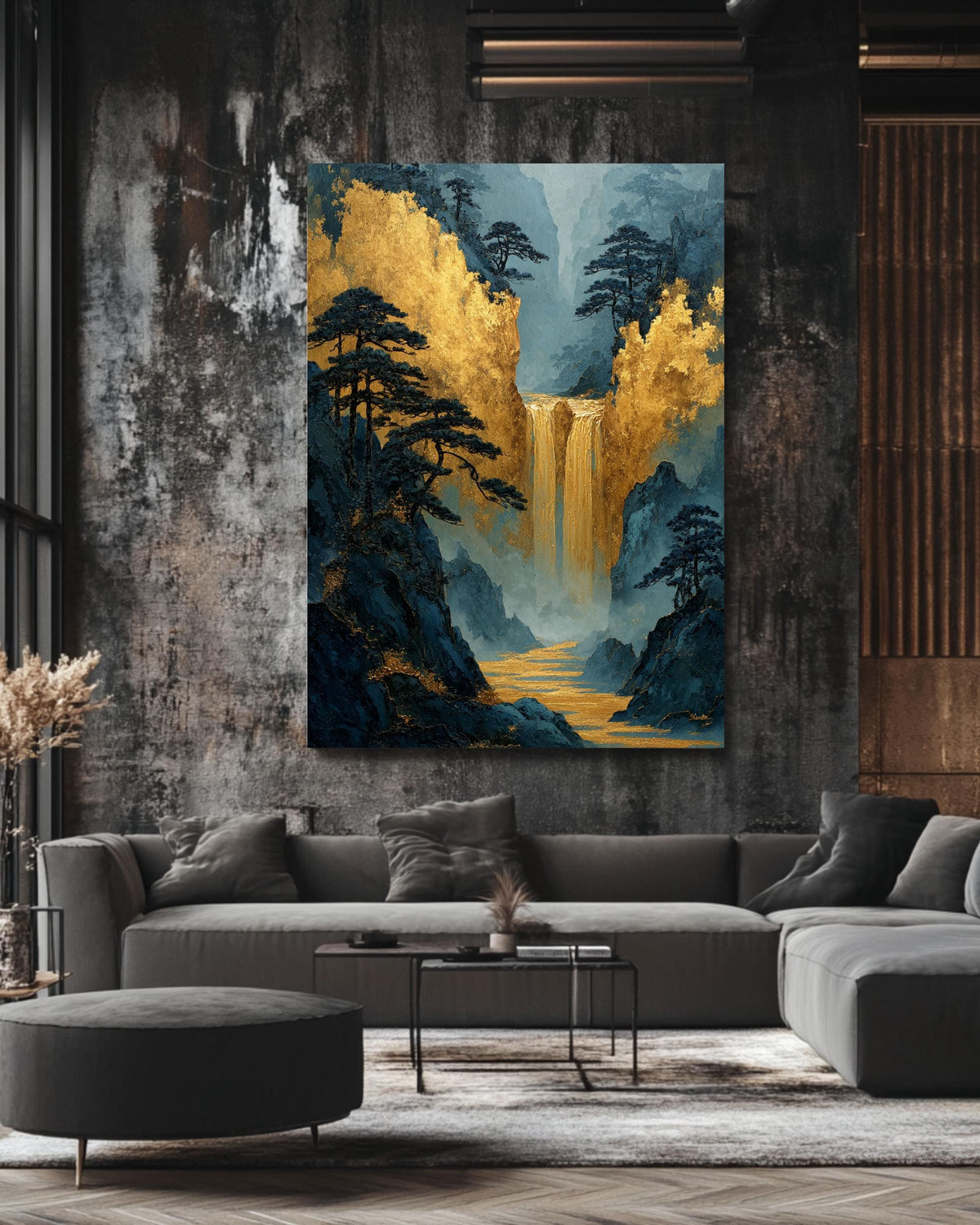 Gold Waterfall Canvas Print: Asian Mountain Temple Style Art