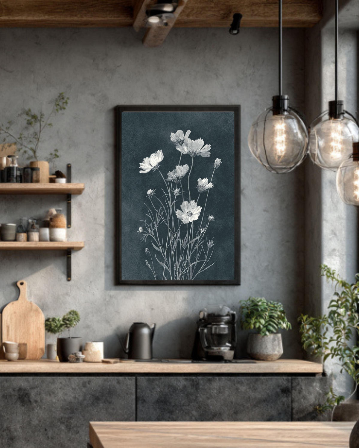Black & White Wildflower Canvas Art: Minimalist Dark Academia Floral Print