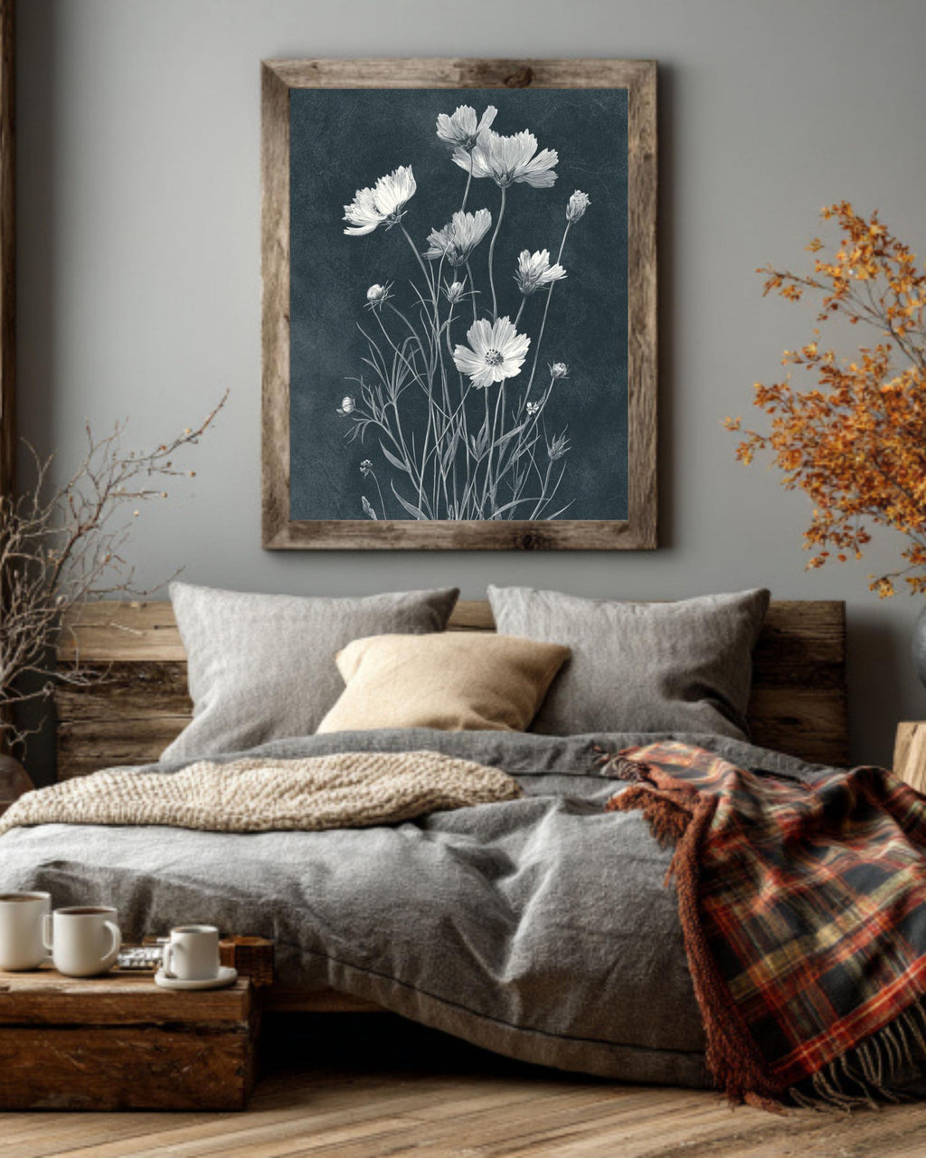 Black & White Wildflower Canvas Art: Minimalist Dark Academia Floral Print